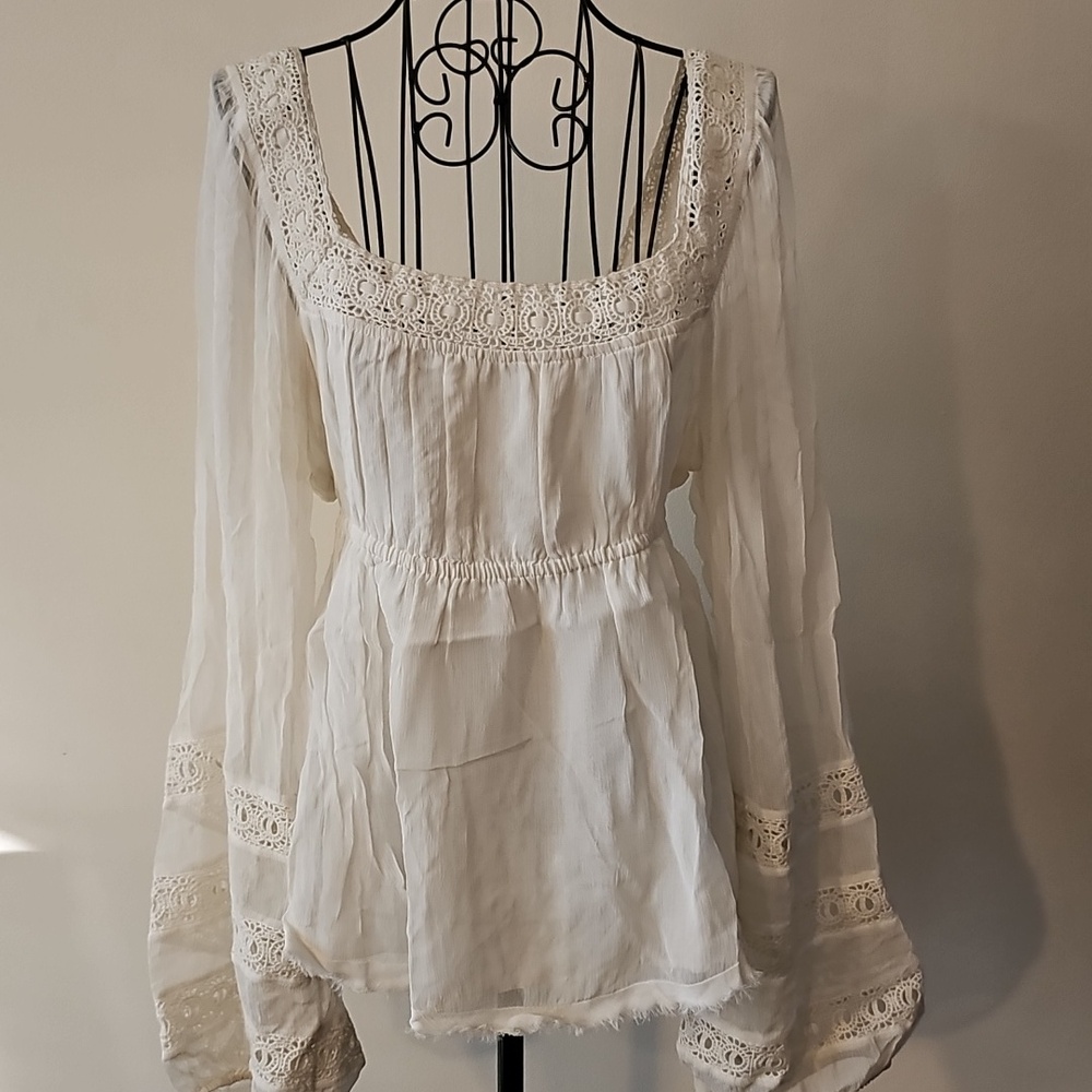 Free People White Lace-Trim Peasant Top